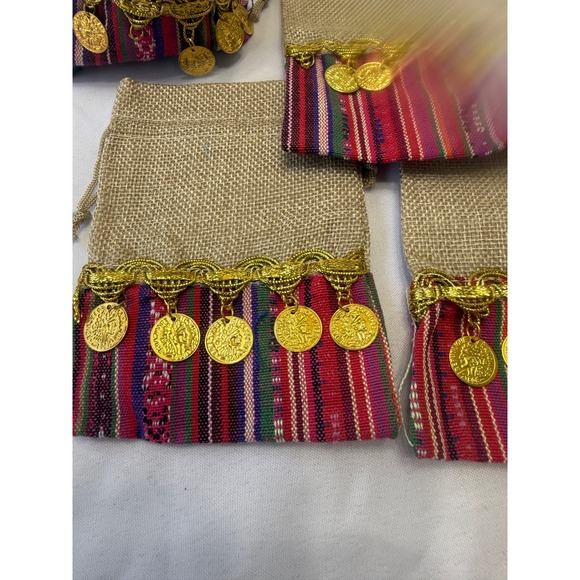 Set of 12 Henna Jute Drawstring Pouches with Decorative Coins and Colorful Trim - Picture 7 of 12